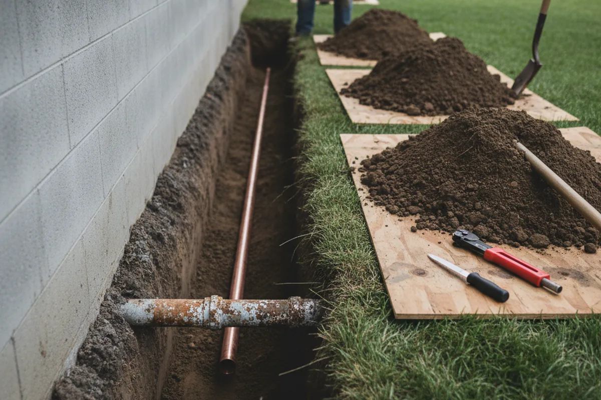 Excavated water line trench during Water Softener Installation in Agawam